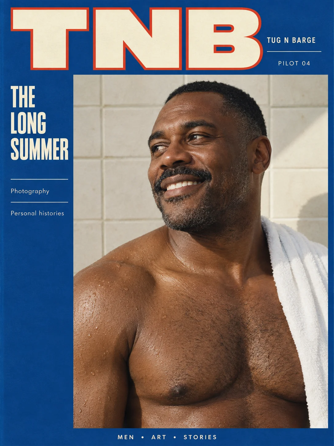 Fictional mature adult man with bare shoulders and a towel, smiling in daylight.
